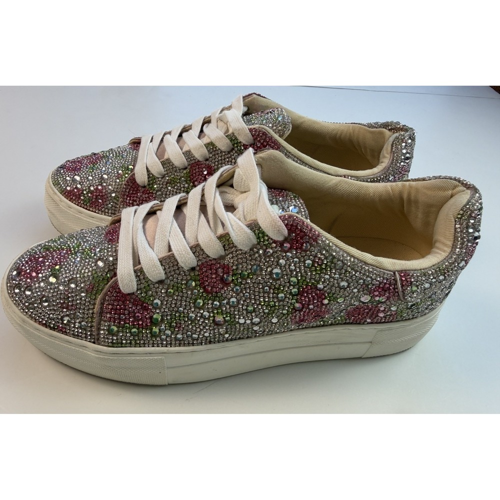 Betsey Johnson Sidny Platforms Sz 9 Floral Rhinestone Low Top Lace-Up Sneakers